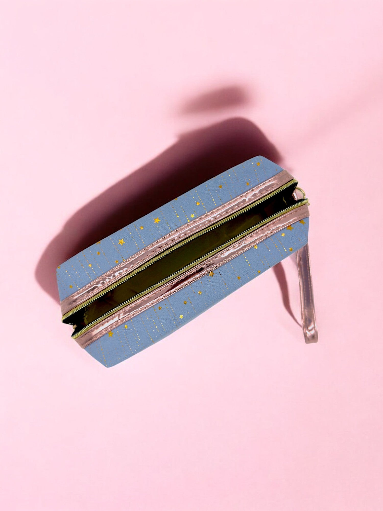 Top view Large sparkly blue pencil case with waterproof lining and rose gold strap for stationery