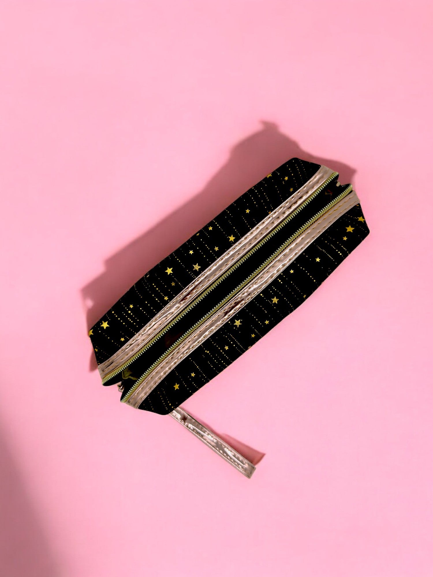 Top view of Black Multi-use glitter pouch perfect for makeup, hygiene items, or swimwear storage