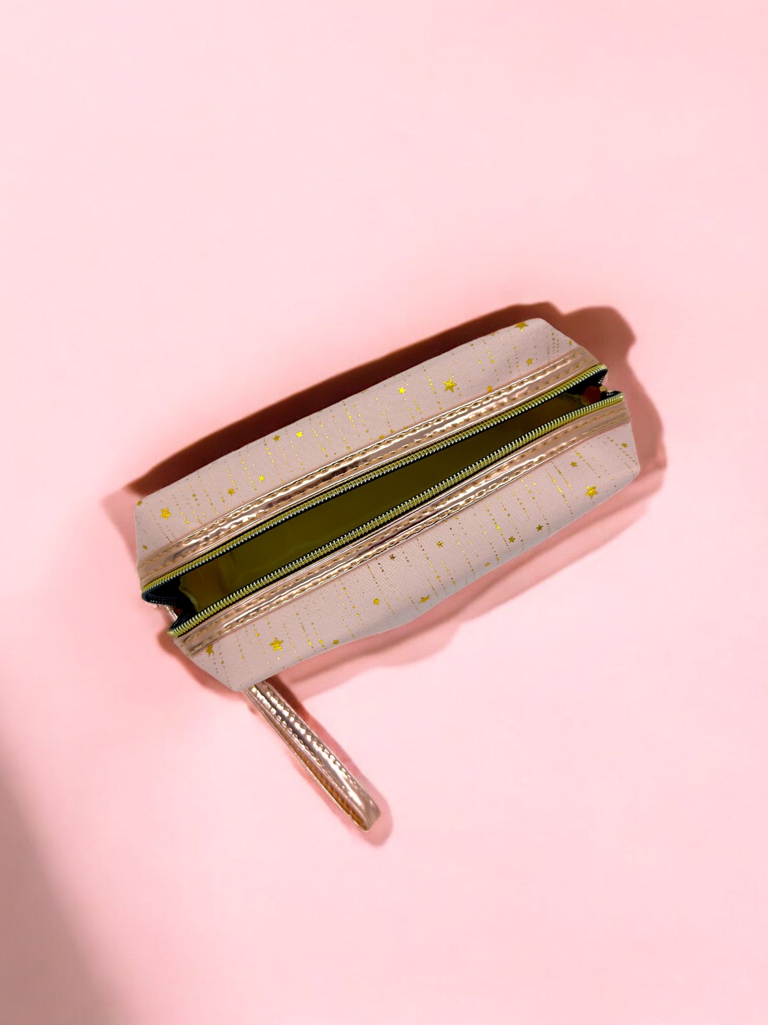 Top view of light pink Rose gold strap pouch with glittery finish, ideal for travel or school supplies