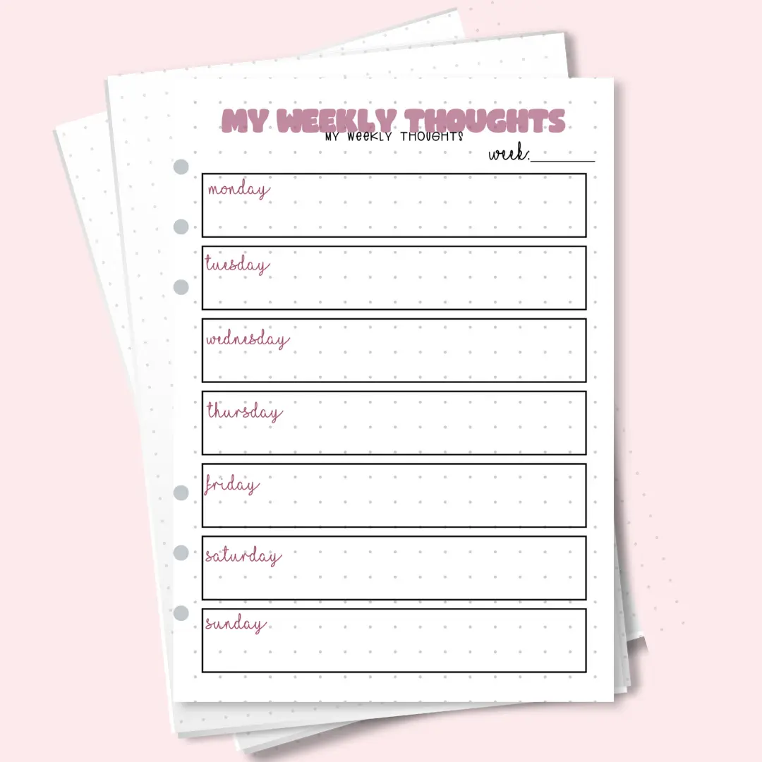 Weekly Thoughts Journal Page – A5 bullet journal insert for mindfulness, self-reflection, and gratitude tracking