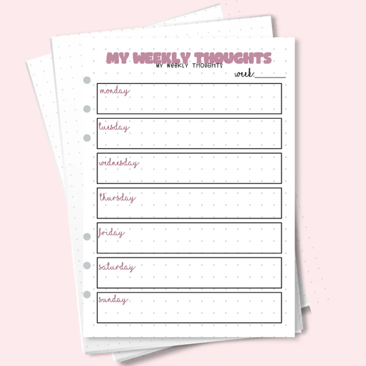Weekly Thoughts Journal Page – A5 bullet journal insert for mindfulness, self-reflection, and gratitude tracking