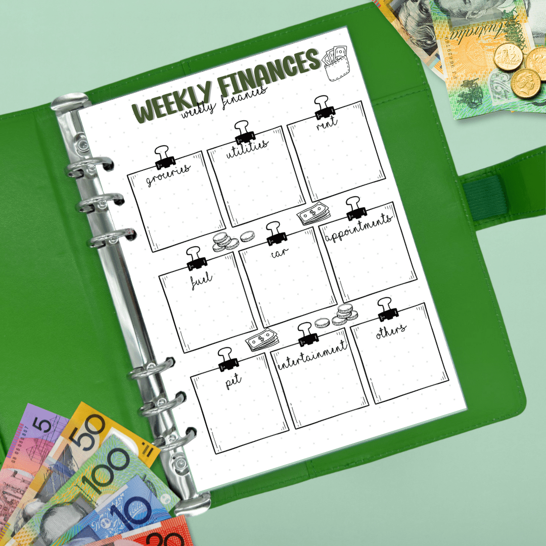 Weekly finances planner page with 9 custom spending categories