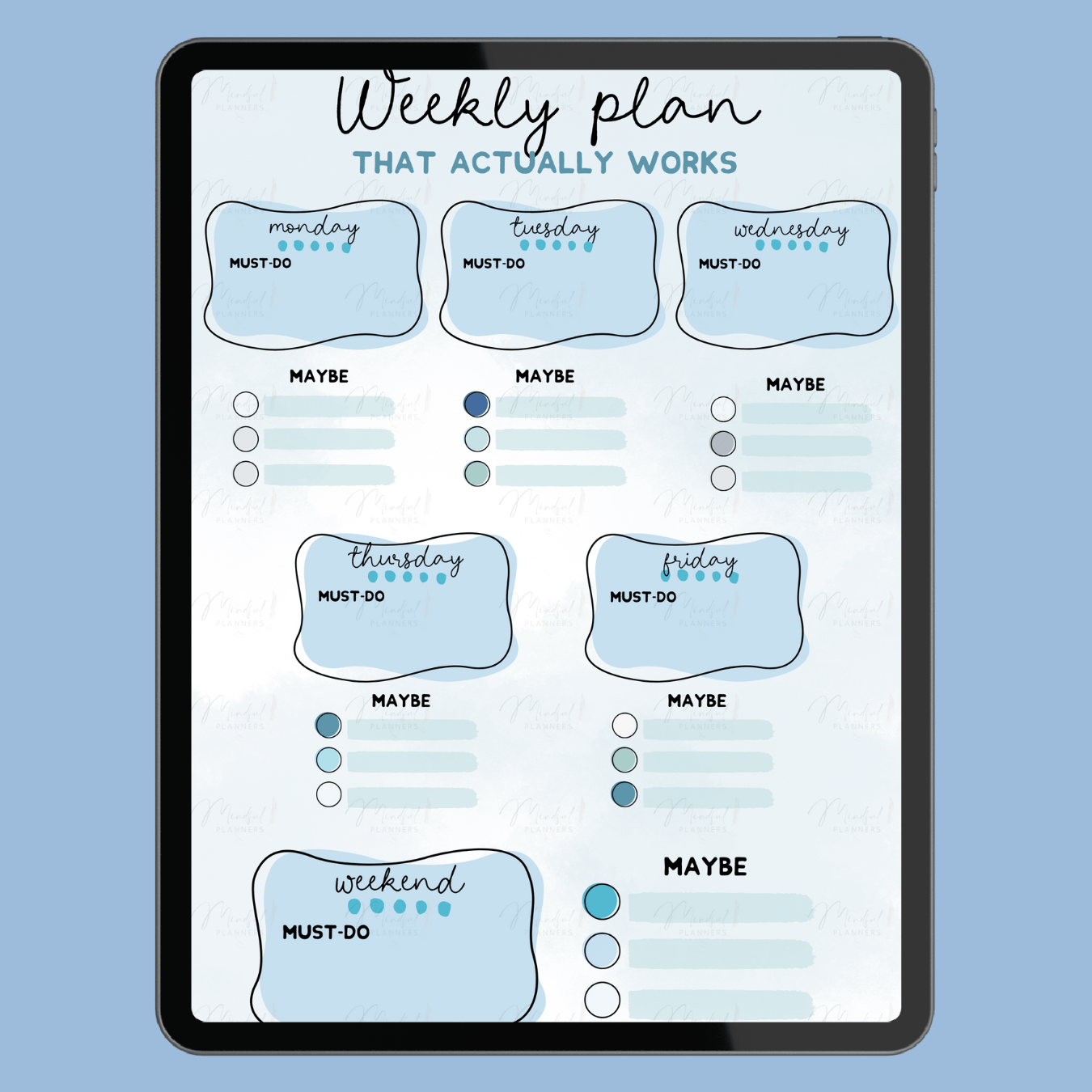 Weekly planner app on a tablet with a blue background