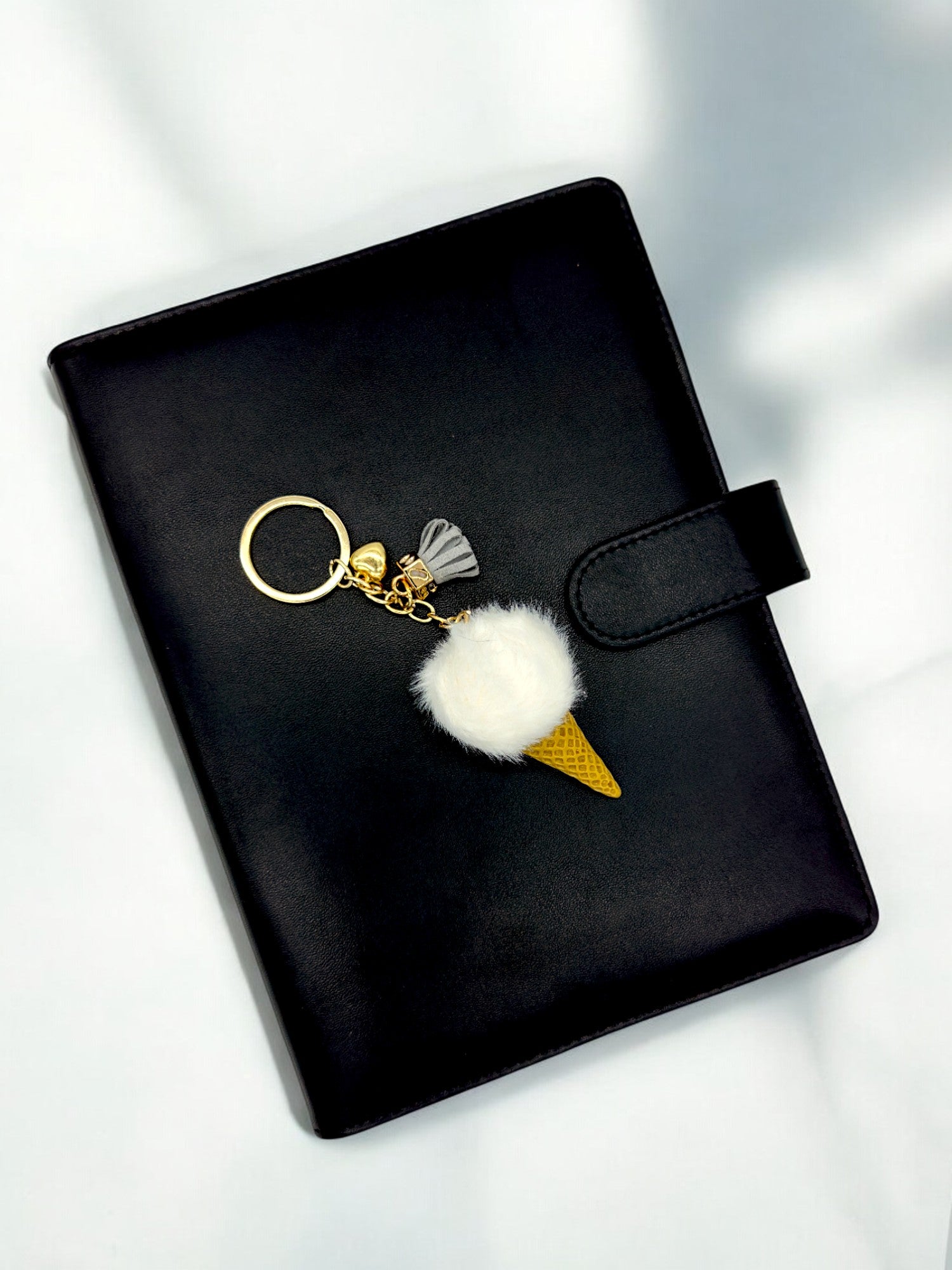 White Fluffy ice cream cone keychain for your journal and keys