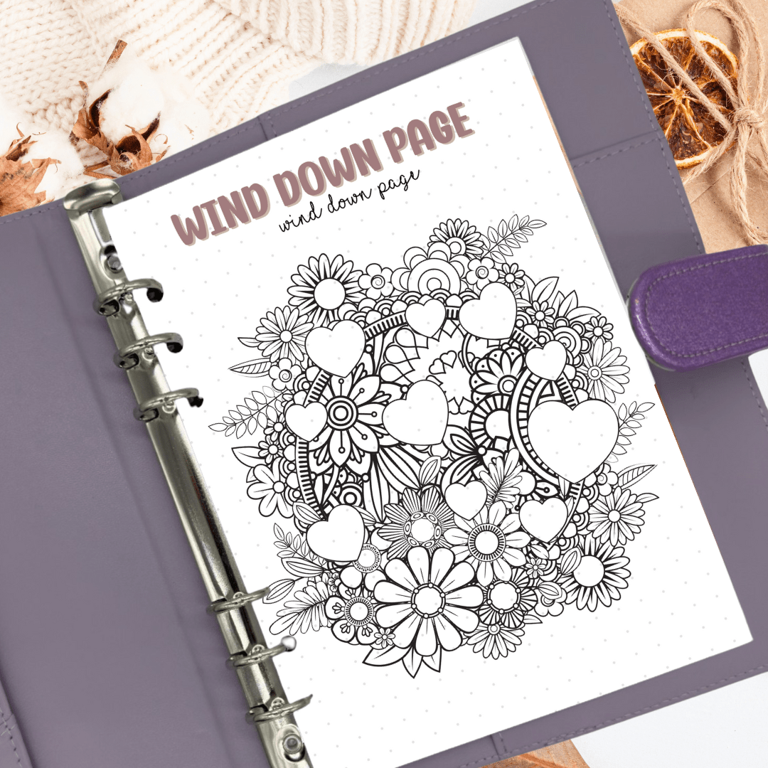 Wind down colouring page insert for A5 bullet journal