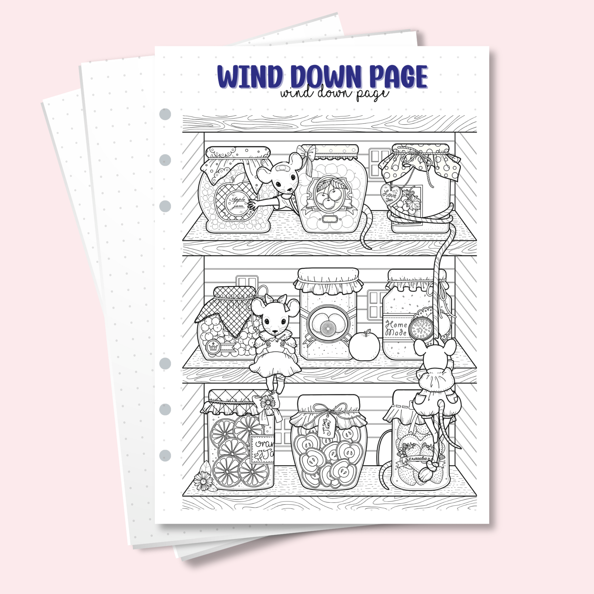 Wind down colouring page with mouse characters and vintage pantry