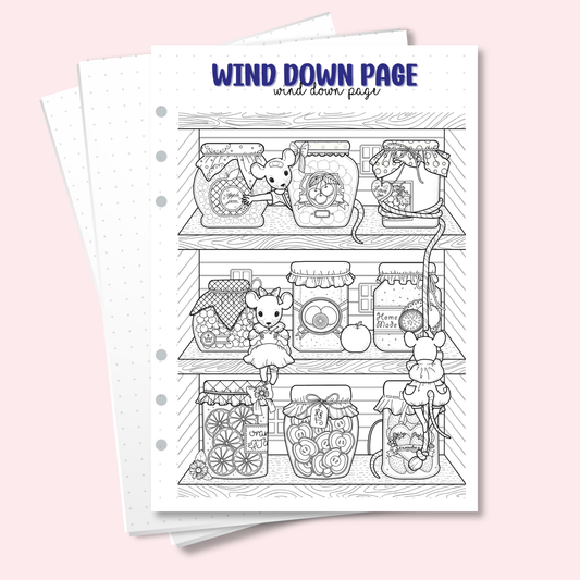 Wind down colouring page with mouse characters and vintage pantry