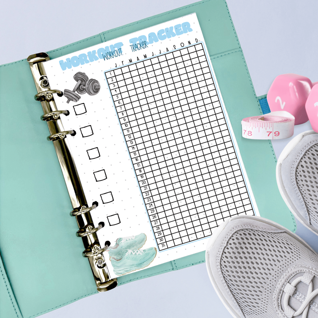 Workout tracker layout showing priorities and journaling prompts