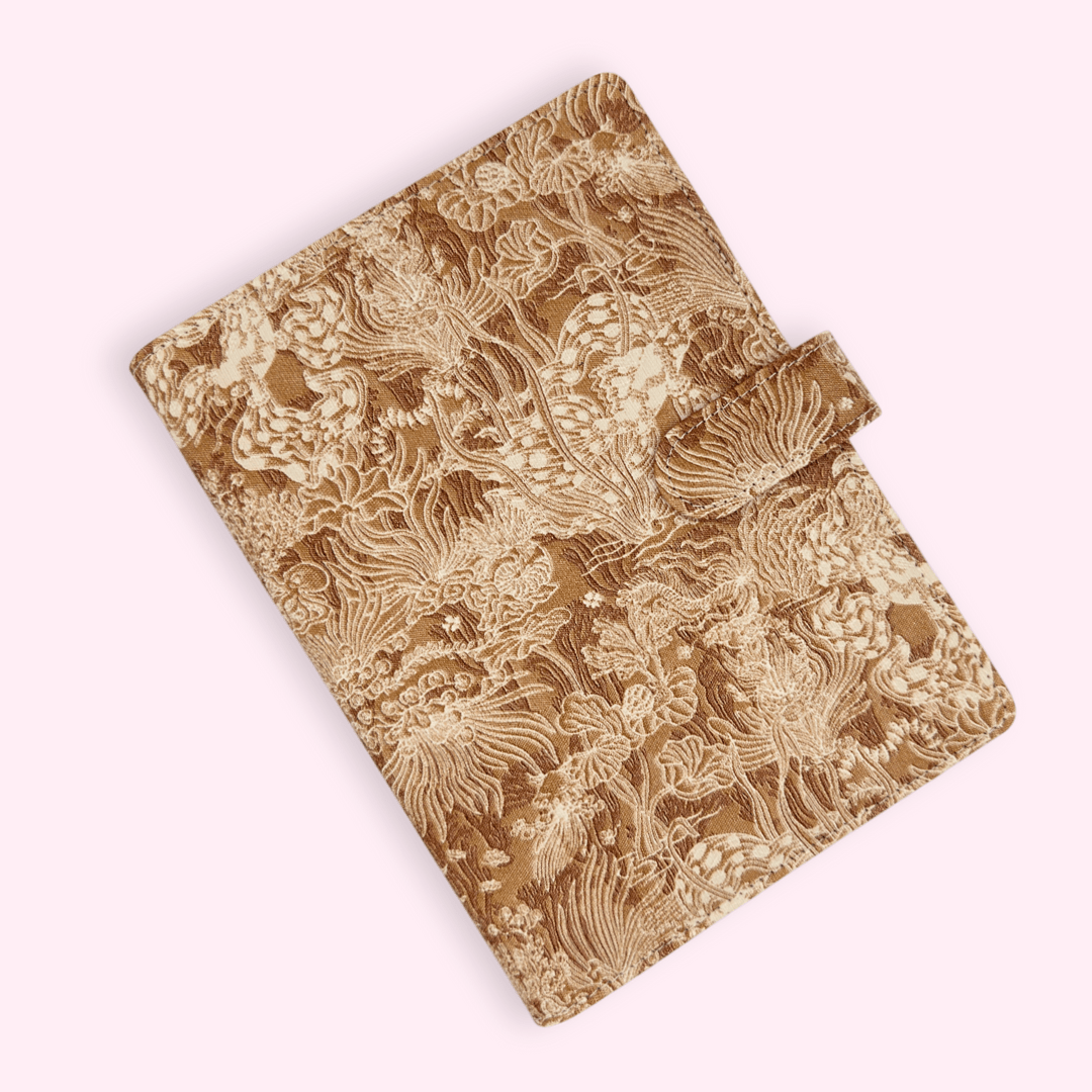 Yellow fabric Cottagecore style planner cover with 6-ring binding and vintage charm