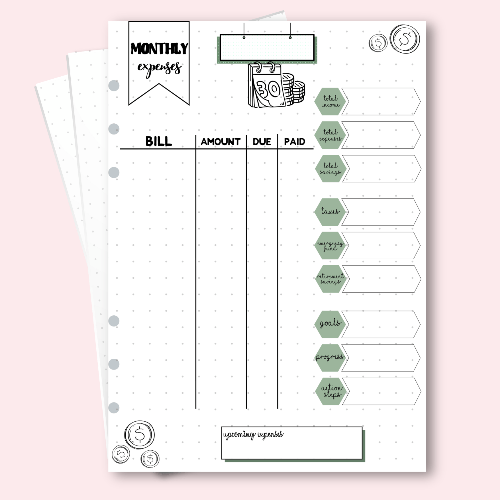 finance page for bullet journal monthly cost tracking