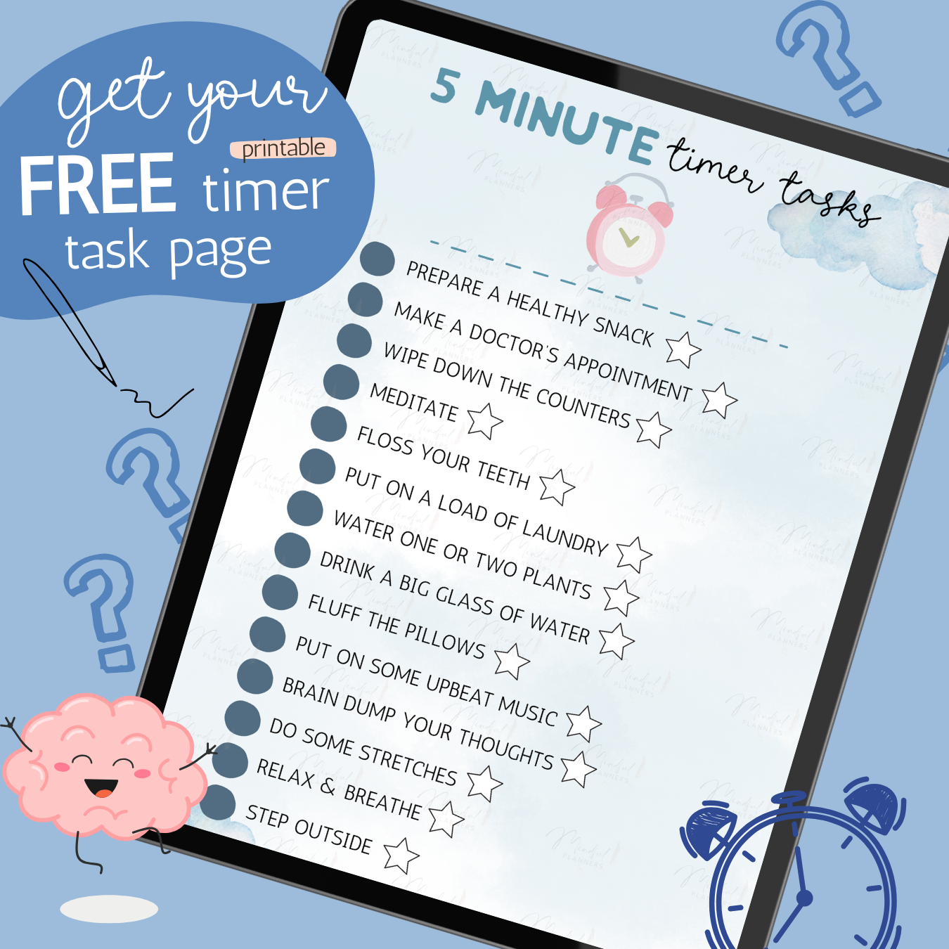 A printable 5-minute timer task page featuring quick ADHD-friendly activities like stretching, meditating, or brain dumping thoughts; part of a mental health planner toolkit to boost dopamine and daily function