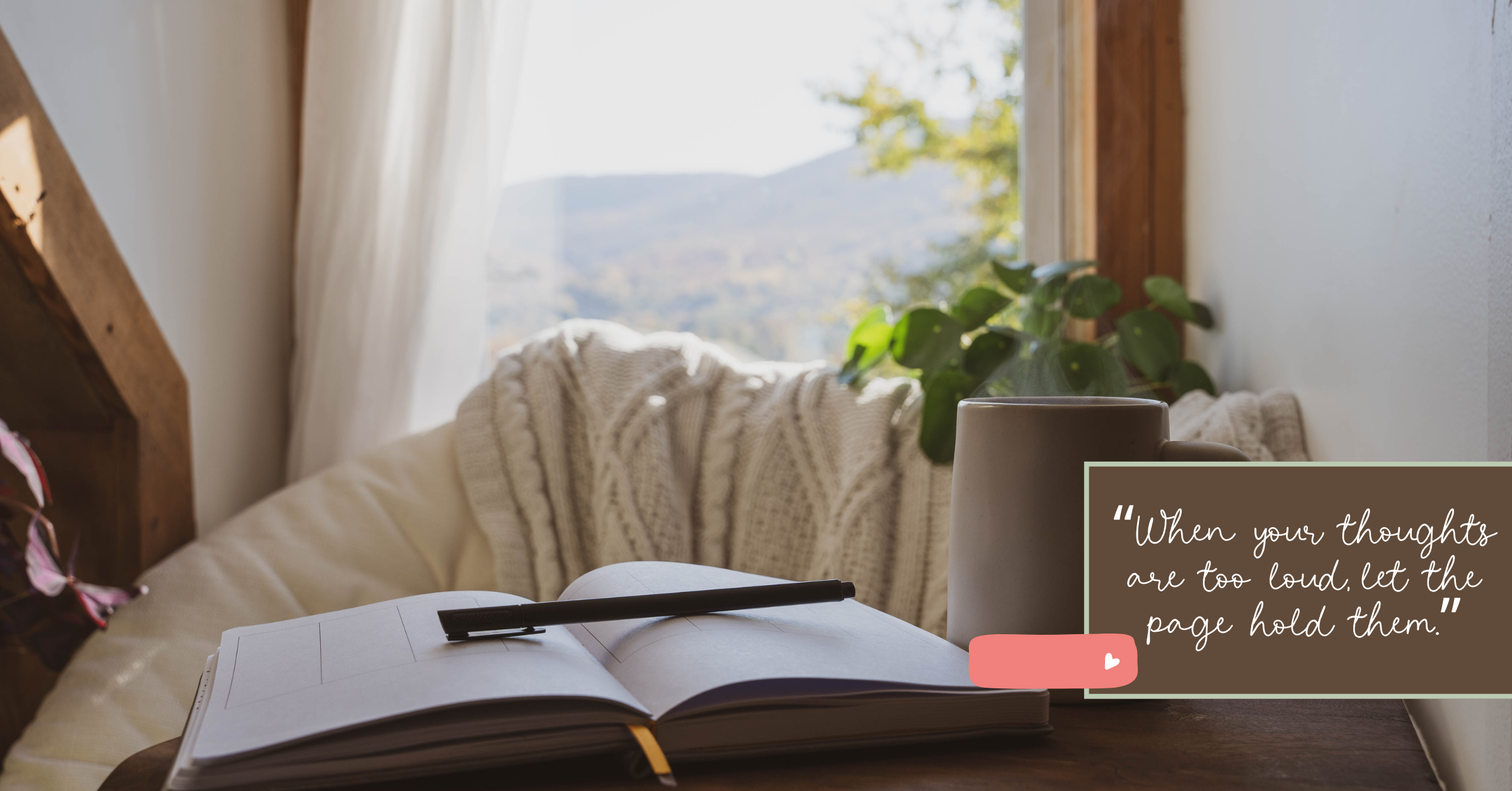 A minimalist journal resting on a clean, aesthetic desk setup — symbolising a calming space to write when anxiety or intrusive thoughts feel overwhelming.