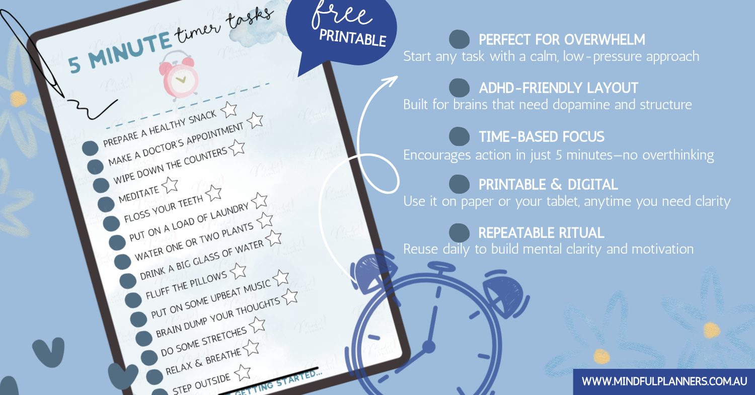 An open printable journal showing a timer-based task page—designed for ADHD-friendly focus and emotional calm.