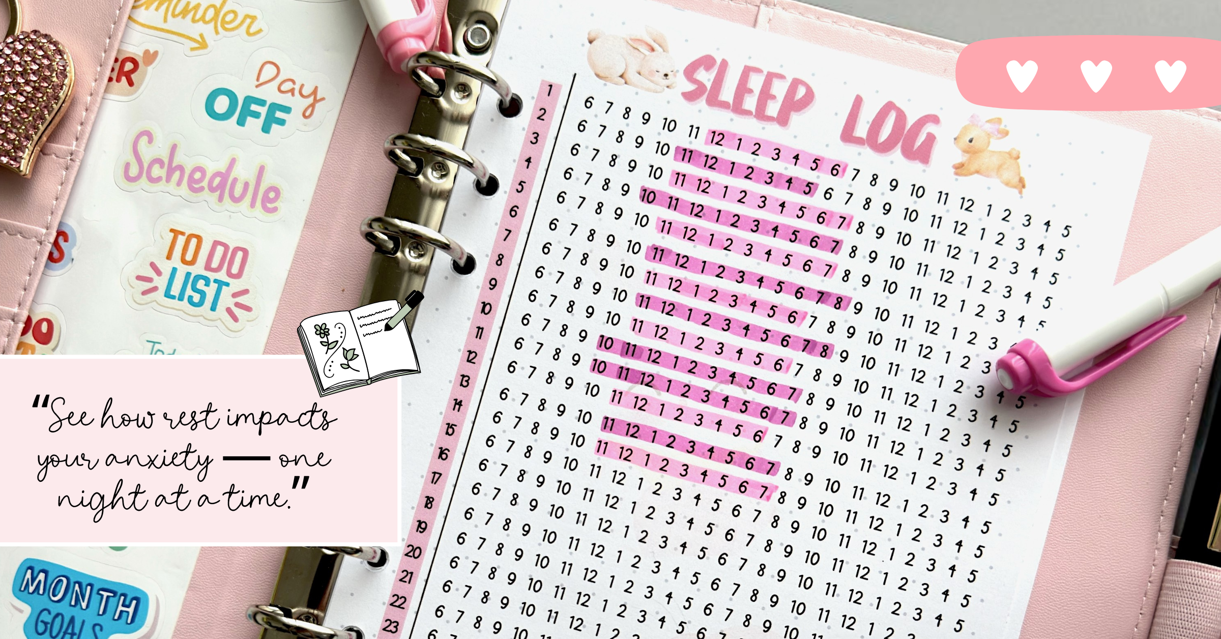 An open sleep log journal page highlighting hours slept, styled with soft lighting and calm stationery — a peaceful mental health journal entry to track rest and understand anxiety patterns.