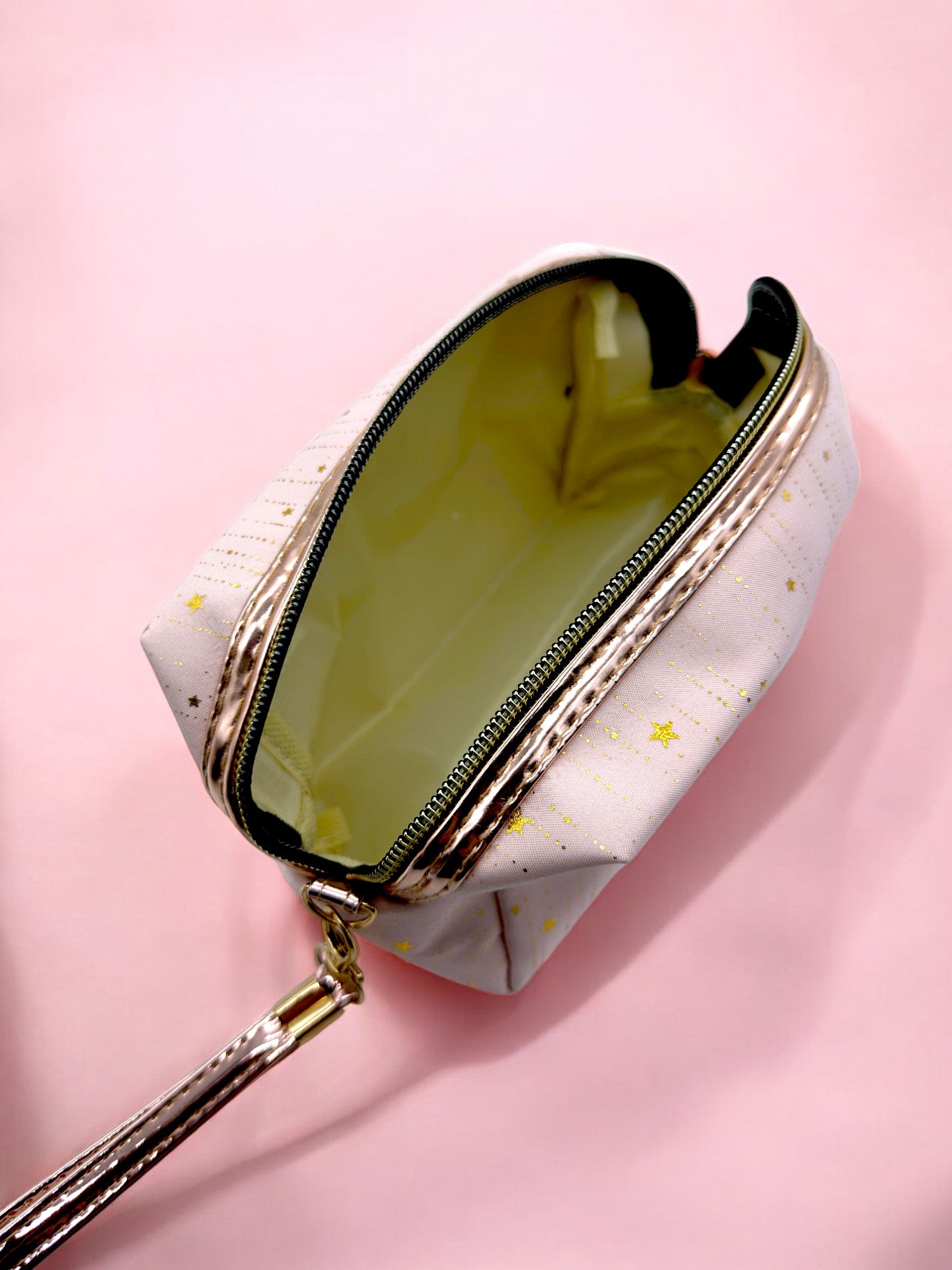 light pink Rose gold strap pouch open with glittery finish, ideal for travel or school supplies