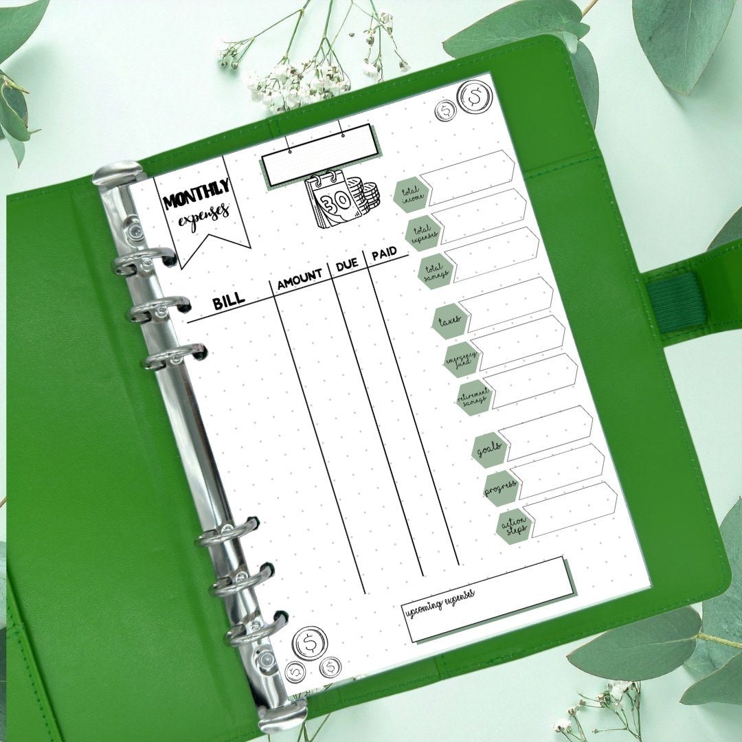 monthly expenses page designed for ADHD friendly organisation