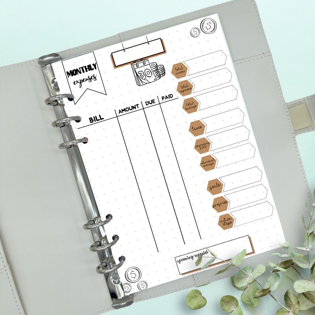 monthly expenses planner insert A5 for financial organisation