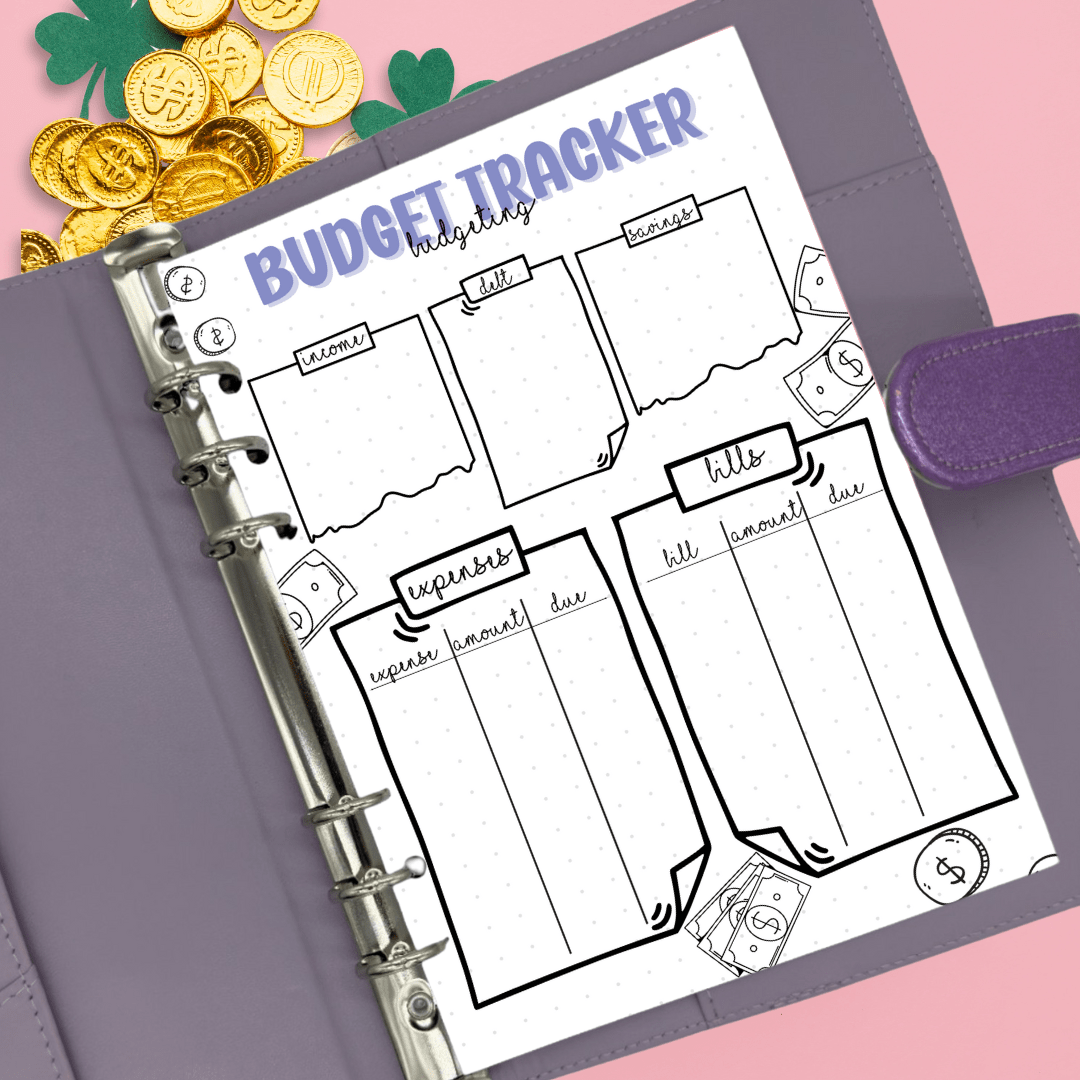 A5 budget tracker journal page with income, debt, and savings sections
